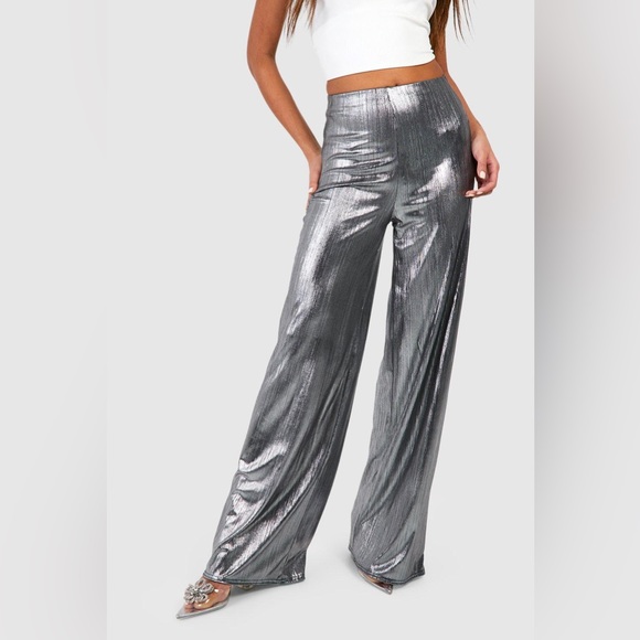 NWT Metallic Silver Foil Wide Leg Pants - New Years - Picture 3 of 6